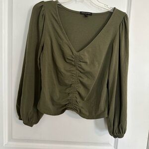 Banana Republic Olive V-Neck Ruched Long Sleeve Top